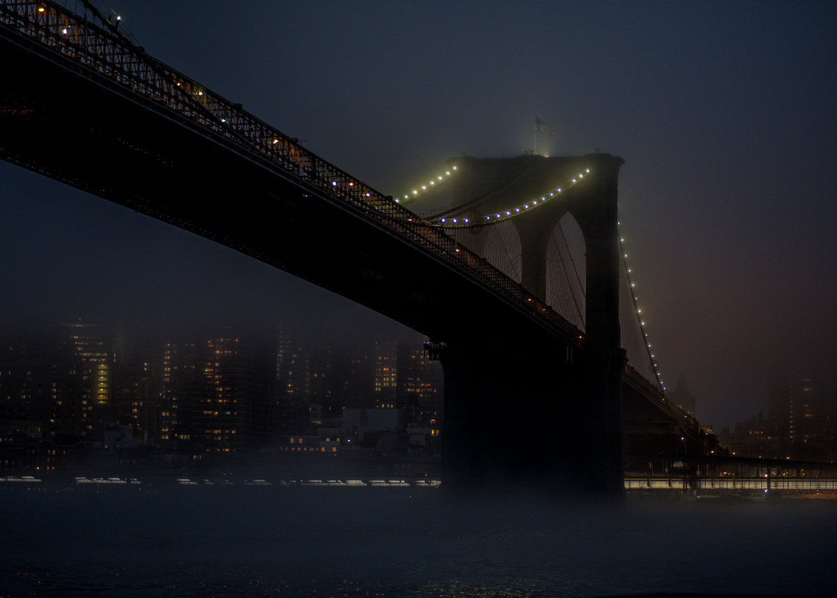 The Bridge, color Brooklyn Bridge at night with city lights fine art photography print by Lena Di