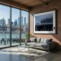 Gotham in the Fog framed print as living room wall art