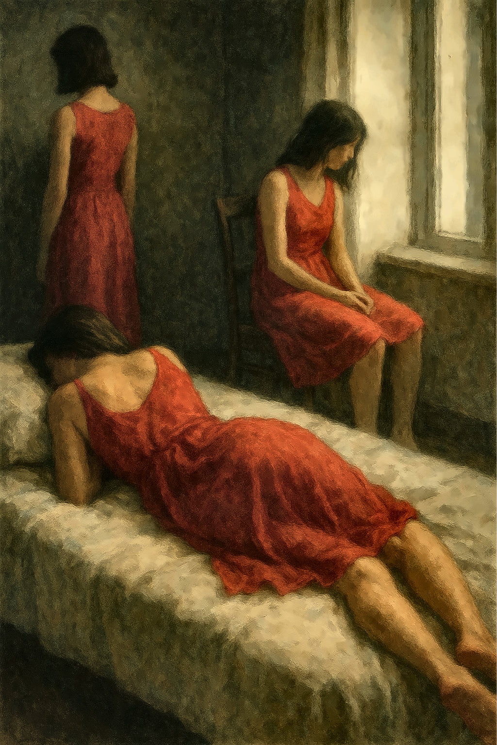 Three in Red - three women in red dresses, moody Hopper-style interior