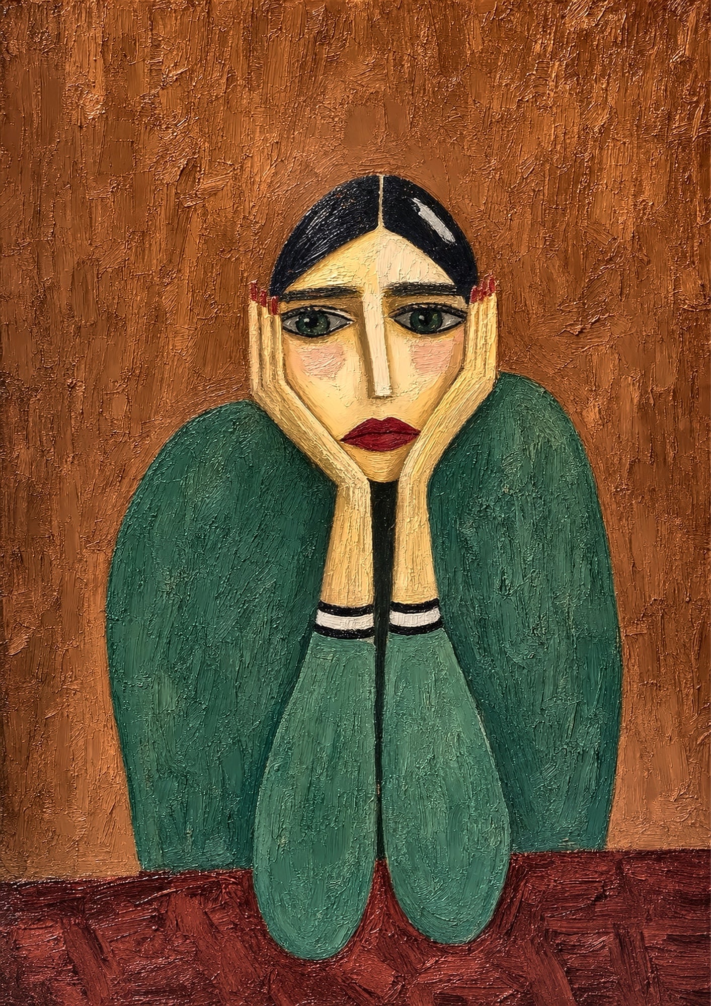 Weight of the Day - stylized portrait, woman resting head on hands, green sleeves, brown background