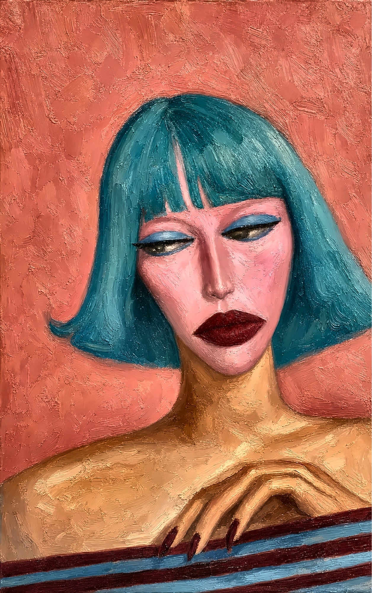 Turquoise Bob - stylized portrait, teal bob haircut, pink background