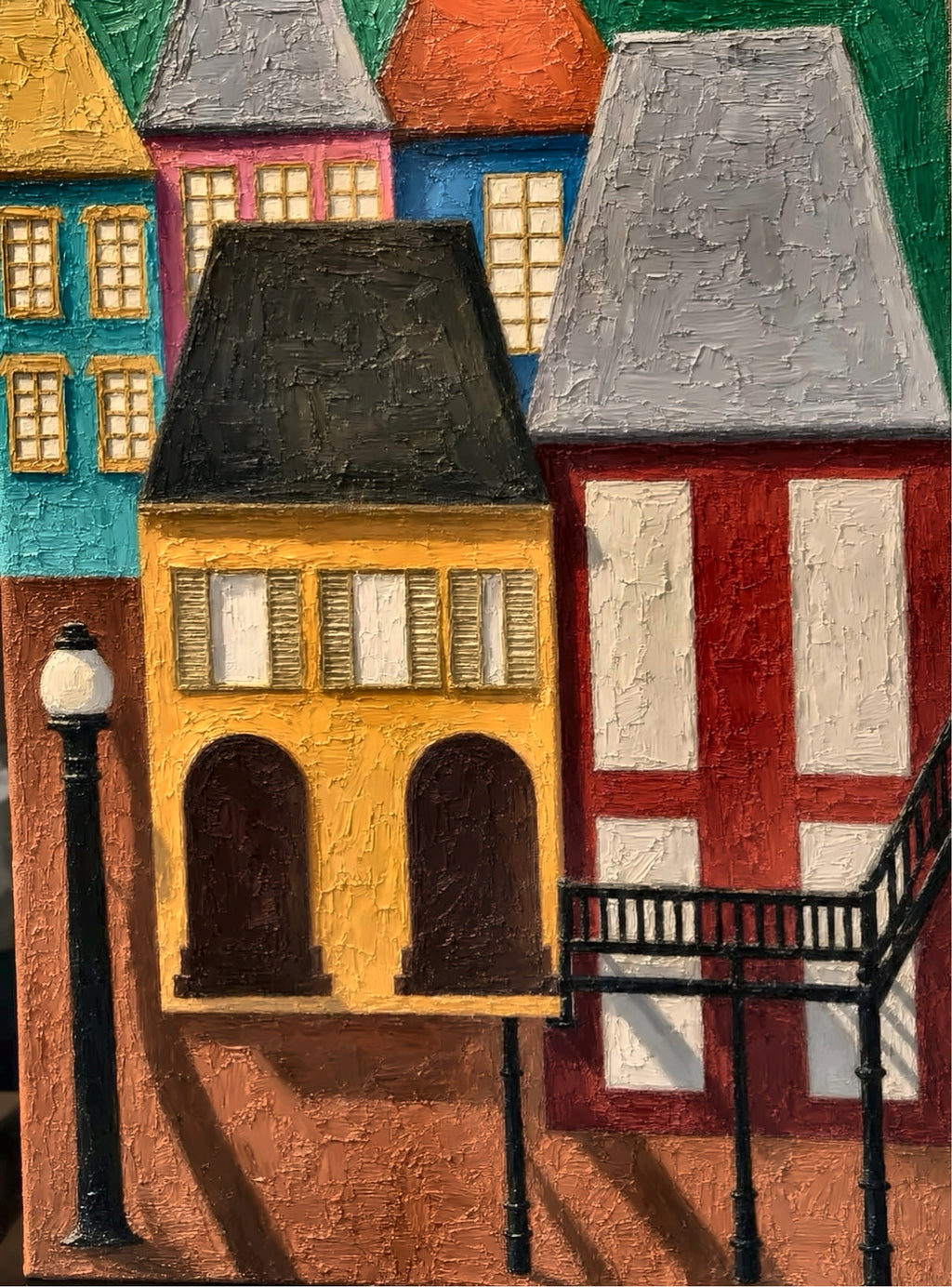 Painted Row - colorful oil-painted townhouse street scene with lamppost