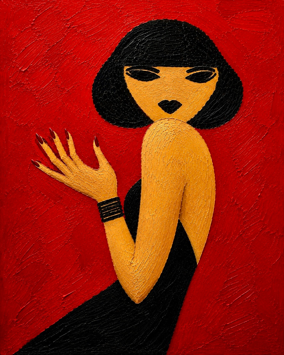 Chica Without a Martini or a Cigarette, color painting of a stylized woman with a black bob and black dress raising her hand against a red background, canvas print of an original painting by Lena Di