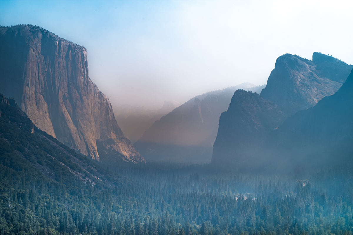 El Capitan in Mist, color Yosemite Valley from Tunnel View with El Capitan and Cathedral Rocks in morning haze, fine art photography print by Lena Di