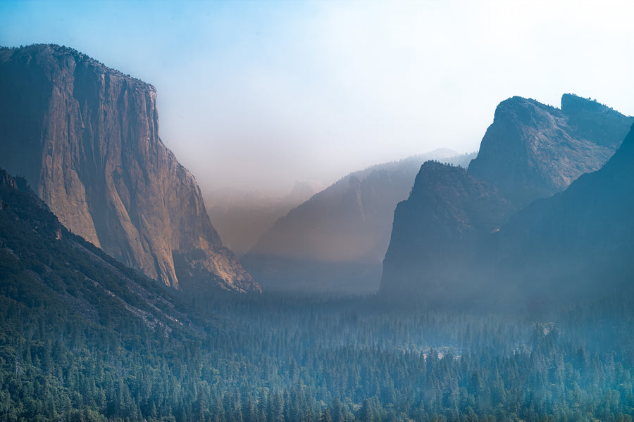 El Capitan in Mist, color Yosemite Valley from Tunnel View with El Capitan and Cathedral Rocks in morning haze, fine art photography print by Lena Di