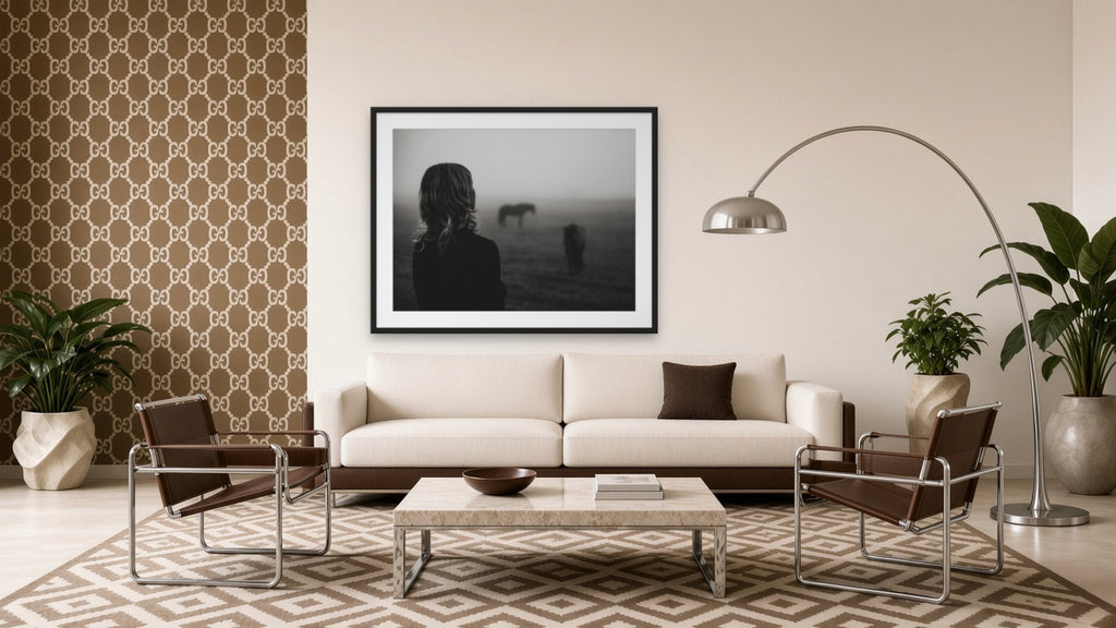 Fog and Horses by Lena Di, fine art photography print in a black frame