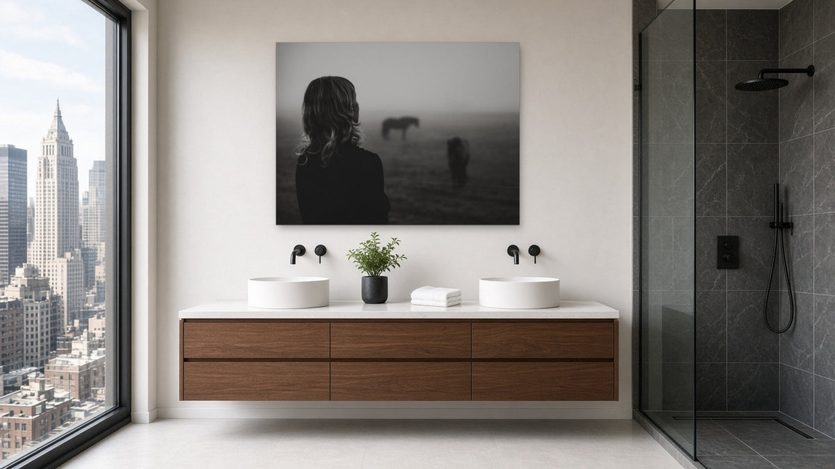 Fog and Horses by Lena Di, fine art photography print shown in a room
