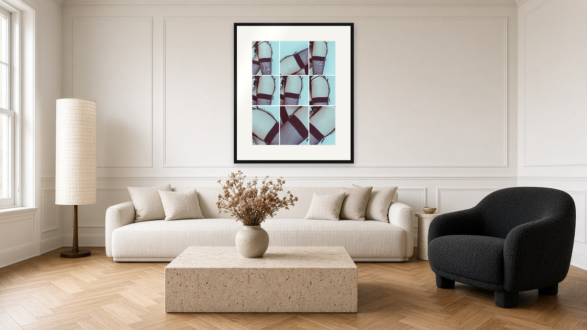 Garters in Blue framed print as living room wall art