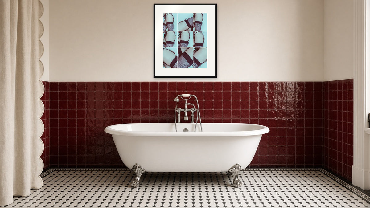 Garters in Blue framed print as bathroom wall art