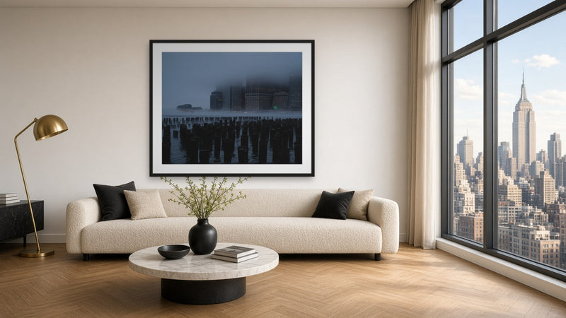 Gotham in the Fog by Lena Di, an Urbanology print of the Manhattan skyline in fog, in a black frame above a sofa
