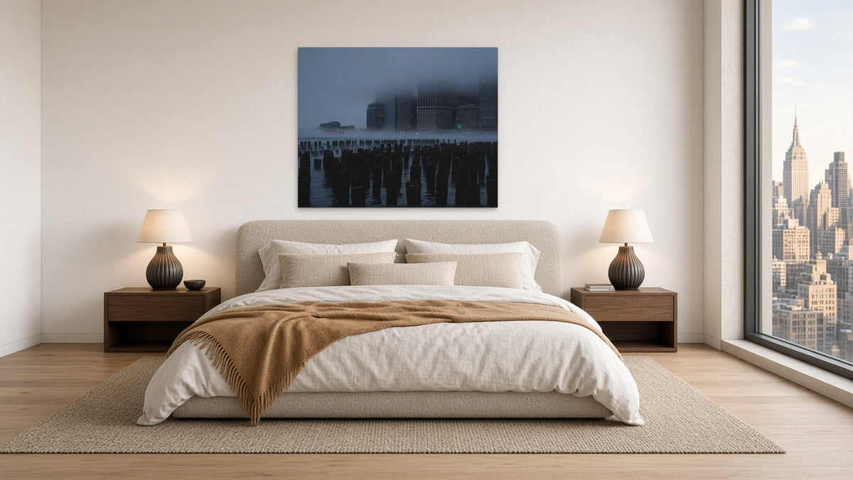 Gotham in the Fog by Lena Di, fine art photography print shown in a room