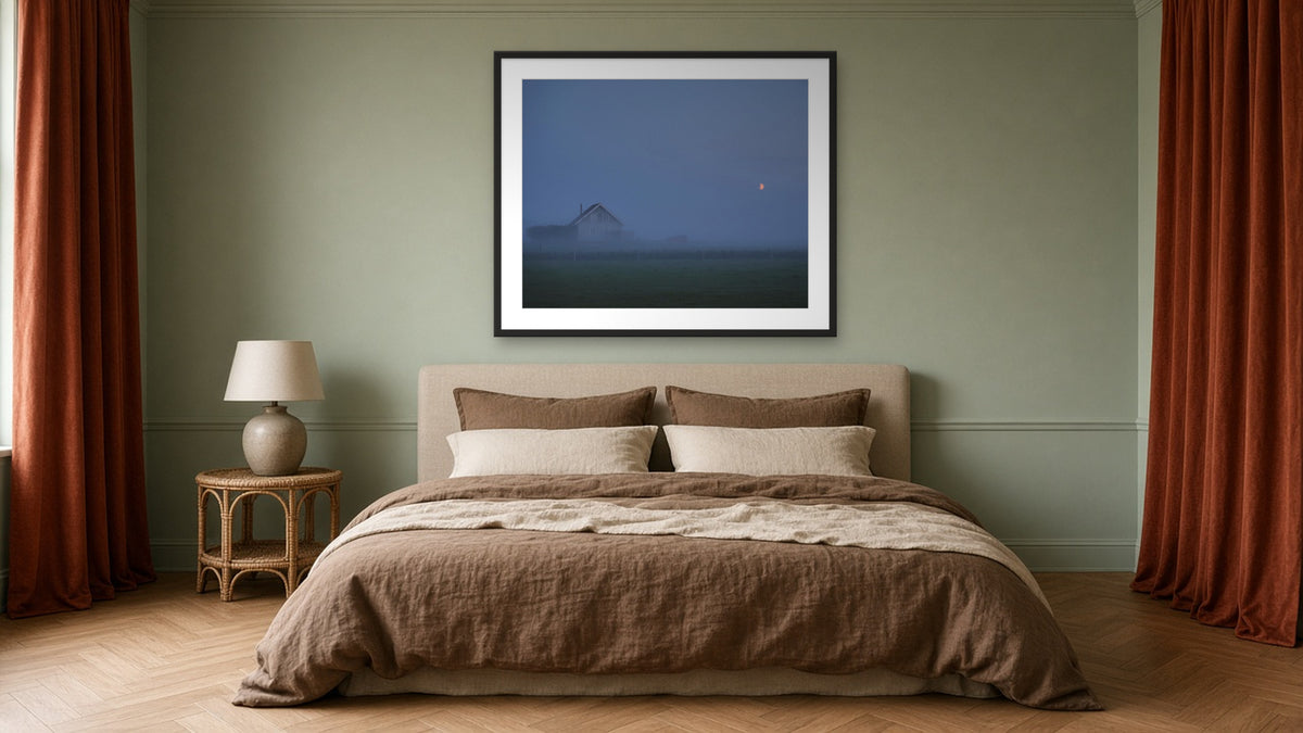 House Under a Red Moon by Lena Di, fine art photography print in a black frame