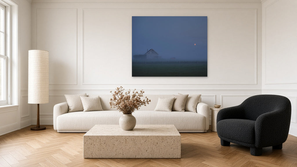 House Under a Red Moon by Lena Di, fine art photography print shown in a room