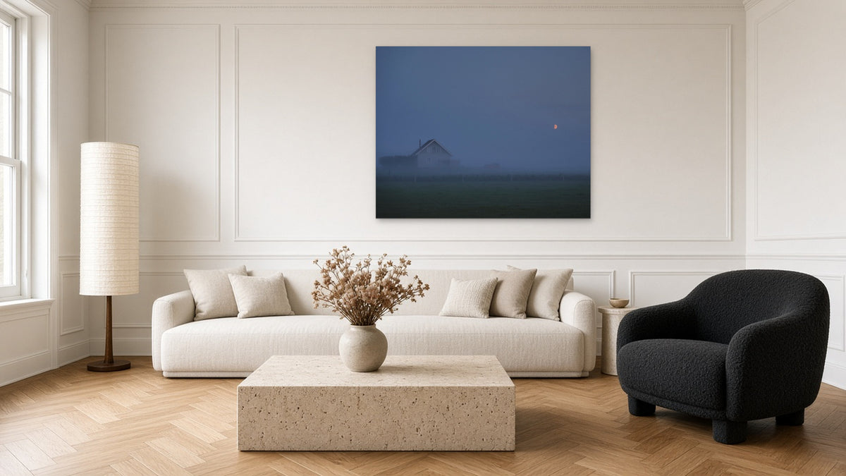 House Under a Red Moon by Lena Di, fine art photography print shown in a room