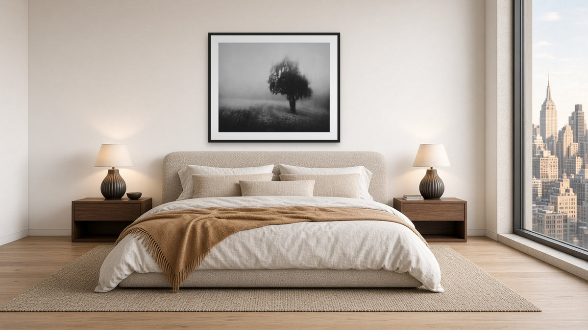 Lone Tree in Fog by Lena Di, fine art photography print in a black frame