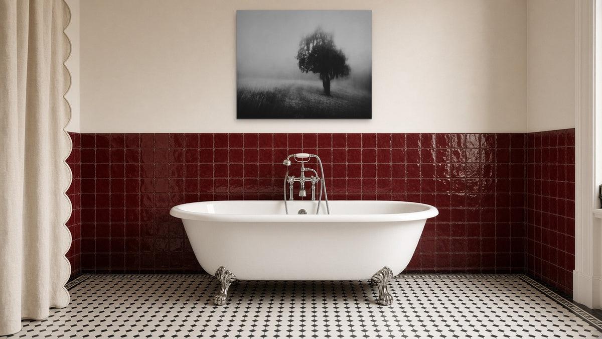 Lone Tree in Fog by Lena Di, fine art photography print shown in a room
