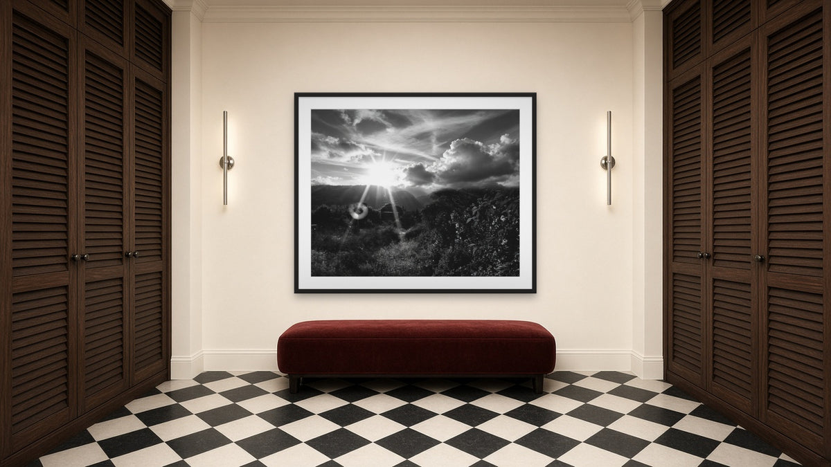 Sun Through the Clouds by Lena Di, fine art photography print in a black frame
