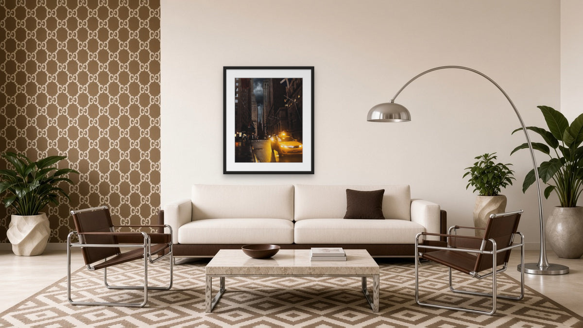 Taxi in the Rain by Lena Di, fine art photography print in a black frame
