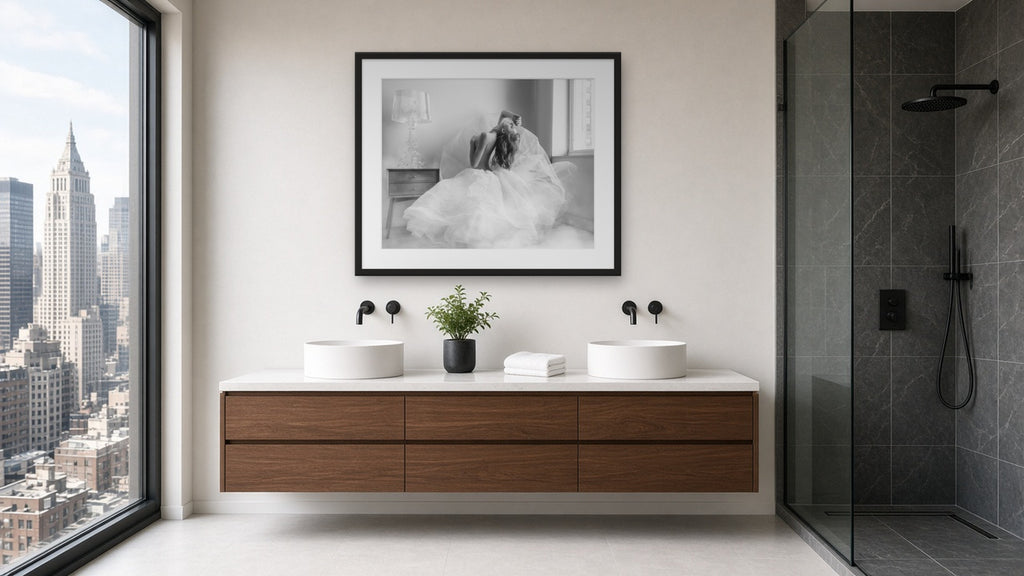 Woman in White by Lena Di, fine art photography print in a black frame