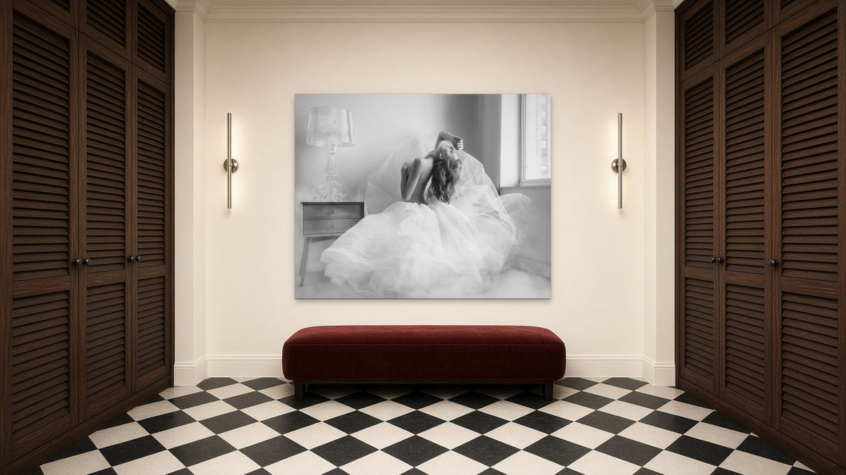 Woman in White by Lena Di, fine art photography print shown in a room
